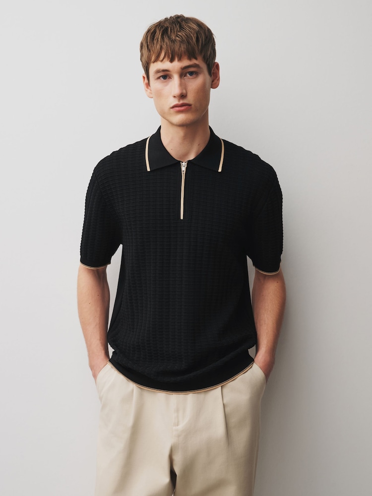 Negro - N.Premium Tipped Waffle Knit Zip Neck Polo Shirt - Imagen 2 de 8