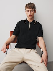 Negro - N.Premium Tipped Waffle Knit Zip Neck Polo Shirt - Imagen 5 de 8