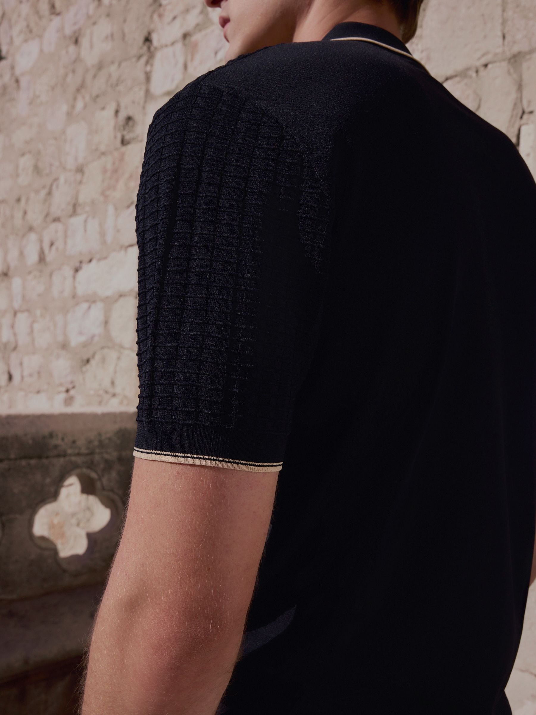 Buy Black N.Premium Tipped Waffle Knit Zip Neck Polo Shirt from