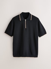 Negro - N.Premium Tipped Waffle Knit Zip Neck Polo Shirt - Imagen 6 de 8