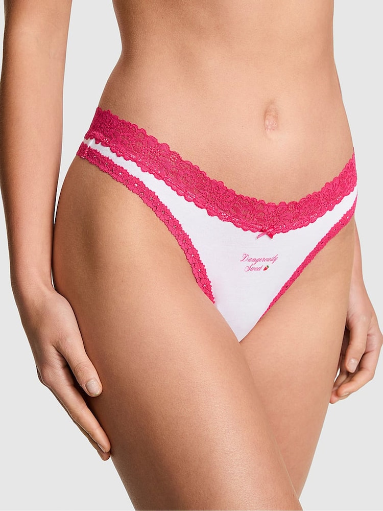 Victoria's Secret PINK White and Pink 'Sweeter Without You' Thong Cotton Lace Trim Knickers - Image 1 of 2