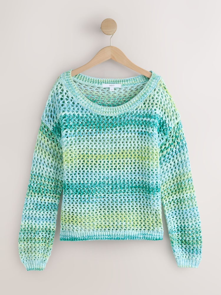 Green/Blue Spacedye - Schulterfreier Mesh-Crochet-Pullover aus 100% Baumwolle - Bild 1 von 3