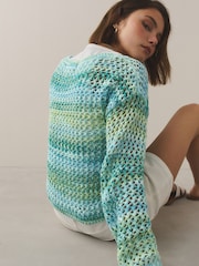Green/Blue Spacedye Mesh Crochet 100% Cotton Off Shoulder Jumper - Image 4 of 7