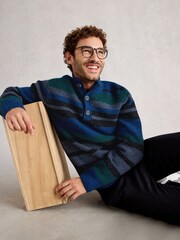 White Stuff Blue Berkley Button Neck Stripe Jumper - Image 3 of 6