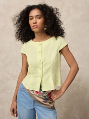 Lime Green Linen Blend Structured Short Sleeve Top - Image 1 of 7