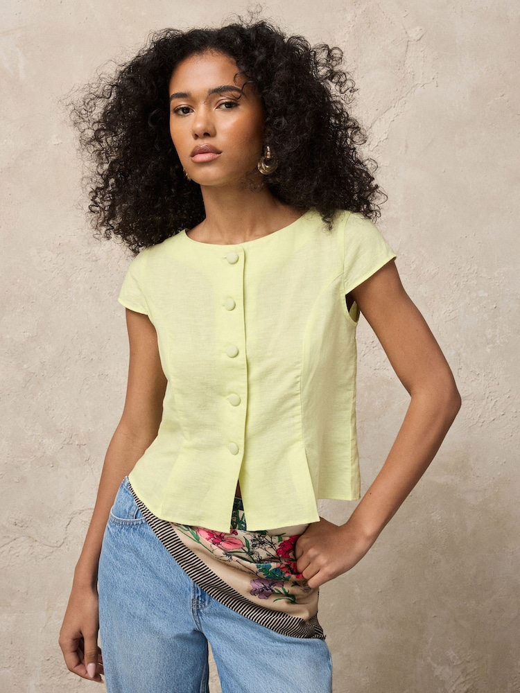 Lime Green Linen Blend Structured Short Sleeve Top - Image 1 of 7
