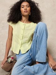 Lime Green Linen Blend Structured Short Sleeve Top - Image 2 of 7