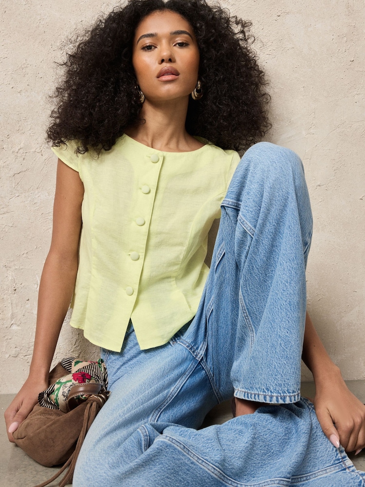 Lime Green Linen Blend Structured Short Sleeve Top - Image 2 of 7