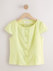 Lime Green Linen Blend Structured Short Sleeve Top - Image 5 of 7
