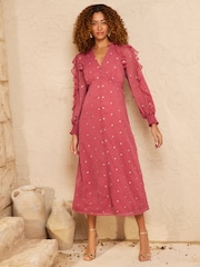 Love & Roses Pink Heart Embroidered Ruffle Midi Dress - Image 2 of 4