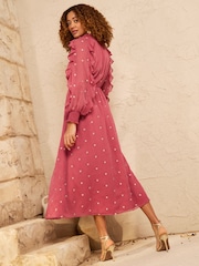 Love & Roses Pink Heart Embroidered Ruffle Midi Dress - Image 3 of 4