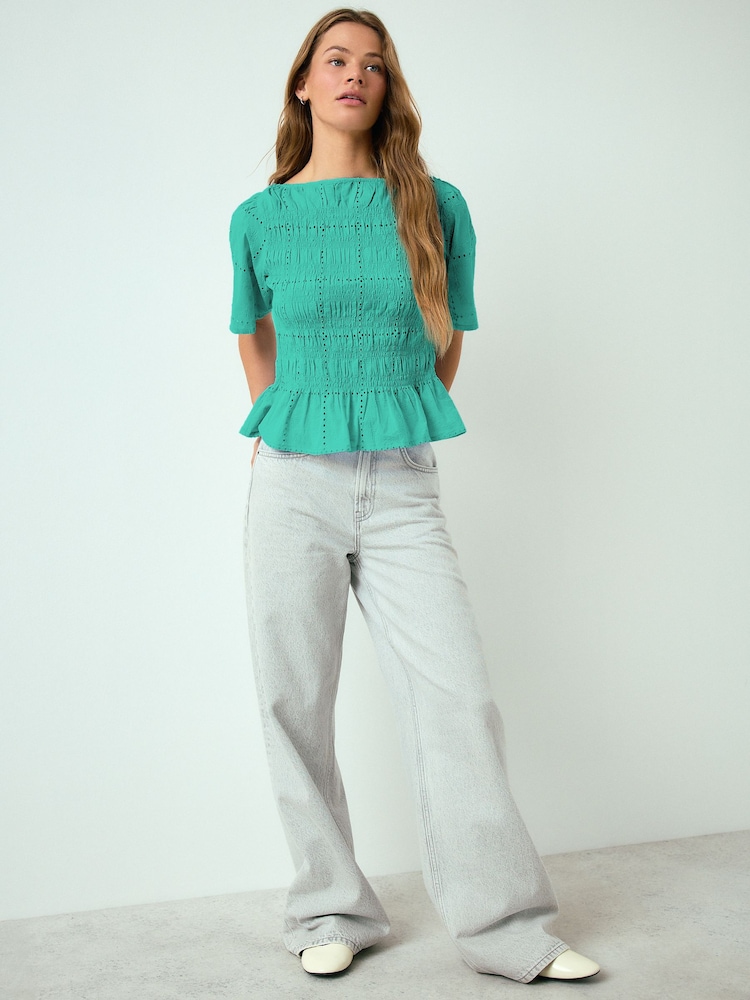 Green Broderie Smocked Slash Neck Short Sleeve Top - Image 1 of 6