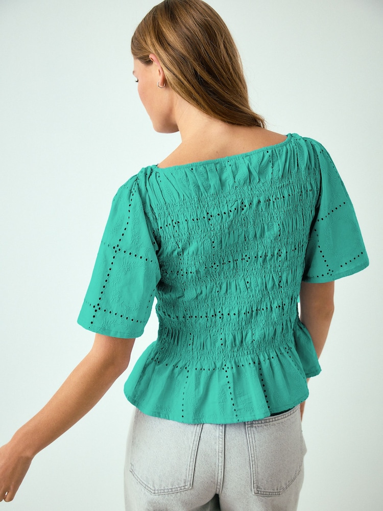 Green Broderie Smocked Slash Neck Short Sleeve Top - Image 2 of 6