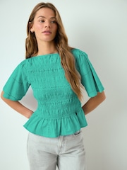 Green Broderie Smocked Slash Neck Short Sleeve Top - Image 3 of 6