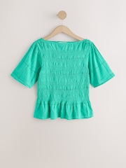 Green Broderie Smocked Slash Neck Short Sleeve Top - Image 4 of 6