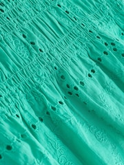 Green Broderie Smocked Slash Neck Short Sleeve Top - Image 6 of 6