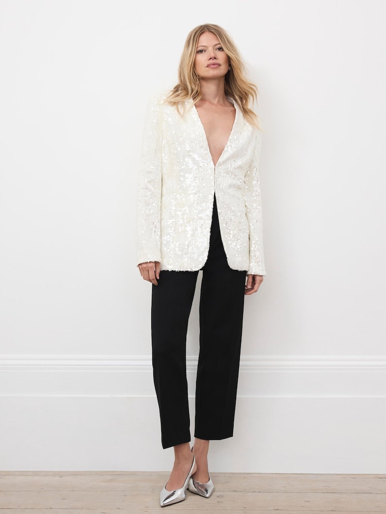 Mint Velvet White Sequin Collarless Blazer - Image 2 of 7 Mint Velvet White Sequin Collarless Blazer - Image 2 of 7
