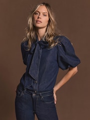 Mint Velvet Dark Indigo Puff Sleeve Denim Shirt - Imaginea 6 din 8