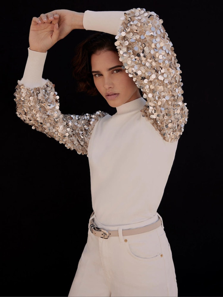 Mint Velvet White Sequin Sleeve Jumper - Image 1 of 7 Mint Velvet White Sequin Sleeve Jumper - Image 1 of 7