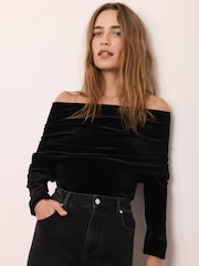 Mint Velvet Black Velvet Bardot Top - Image 1 of 7