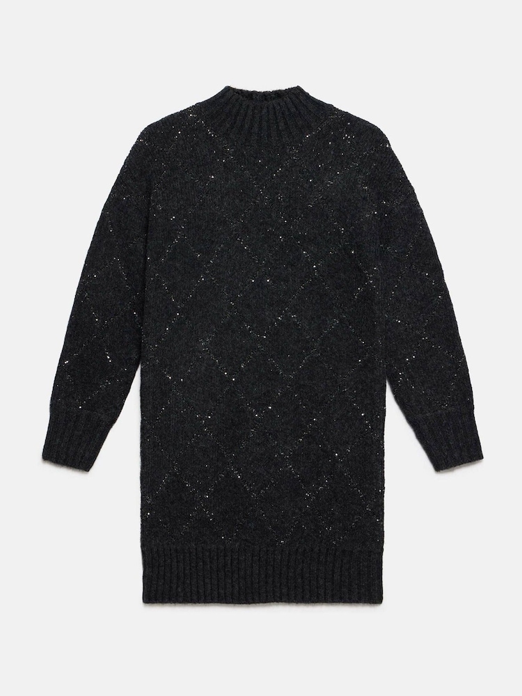 Mint Velvet Grey Sequin Knit Mini Dress | Size S | Grey | Long Sleeve | High Neck