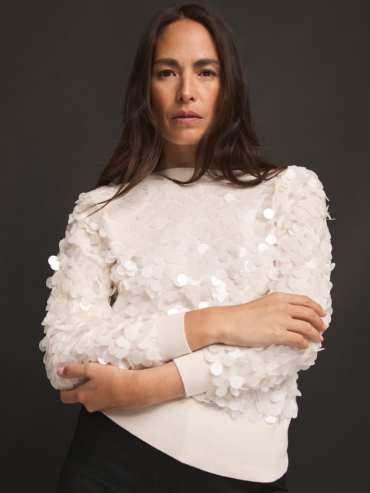 Mint Velvet White Sequin Batwing Jumper - Image 1 of 7 Mint Velvet White Sequin Batwing Jumper - Image 1 of 7