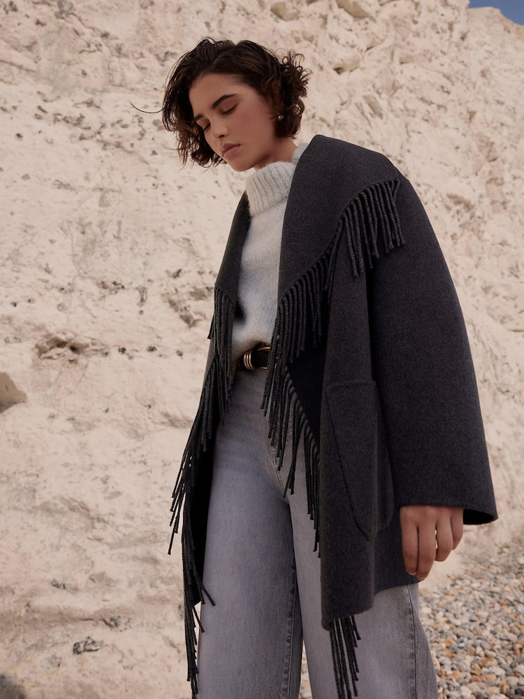 Mint Velvet Grey Wool Blend Hand Finished Tassel Coat - Image 2 of 8 Mint Velvet Grey Wool Blend Hand Finished Tassel Coat - Image 2 of 8