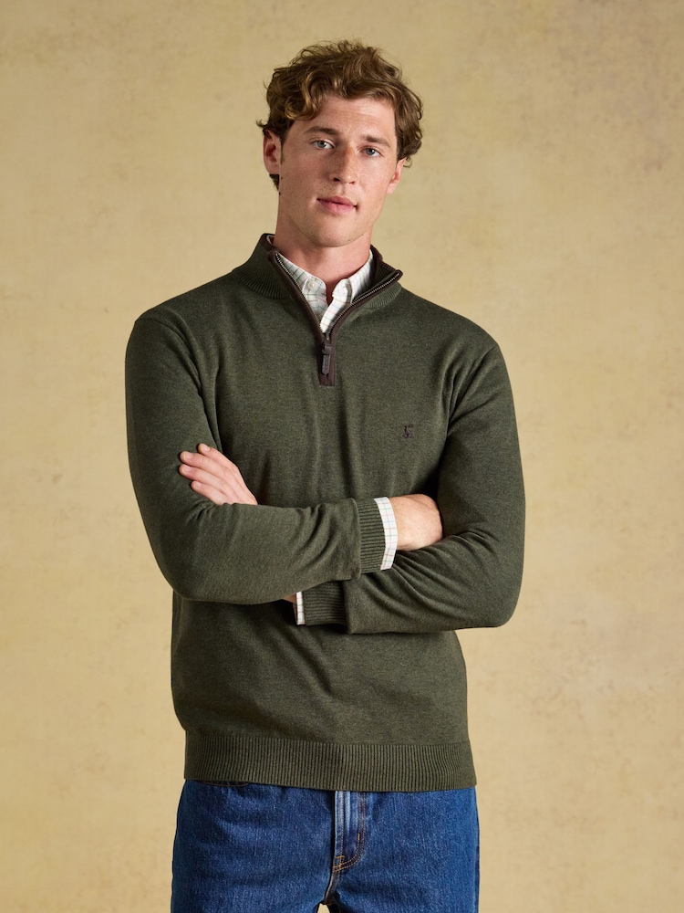 Joules Hillside Khaki Green Quarter Zip Knitted Jumper - Image 1 of 7