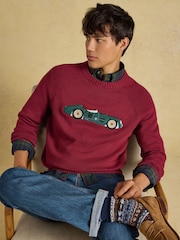 Joules Intarsia Crew Neck Burgundy Car Jumper - Image 3 of 8