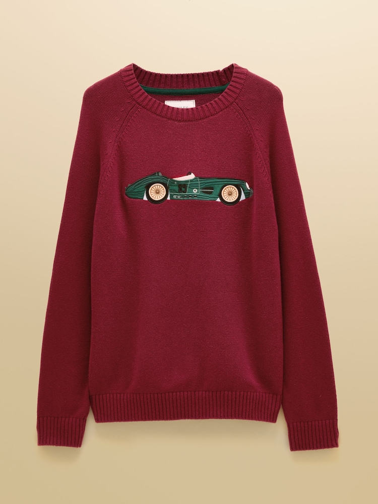 Joules Intarsia Crew Neck Burgundy Car Jumper - Image 8 of 8