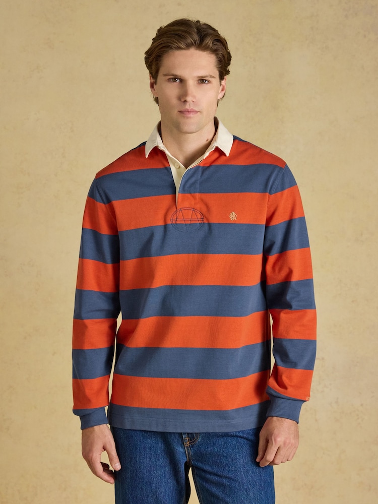Joules Rugby Club Blue/Orange Long Sleeve Striped Rugby Shirt - Image 1 of 8 Joules Rugby Club Blue/Orange Long Sleeve Striped Rugby Shirt - Image 1 of 8