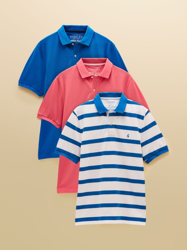 Joules Woody Blue/White/Pink Polo Shirts 3 Pack - Image 1 of 10