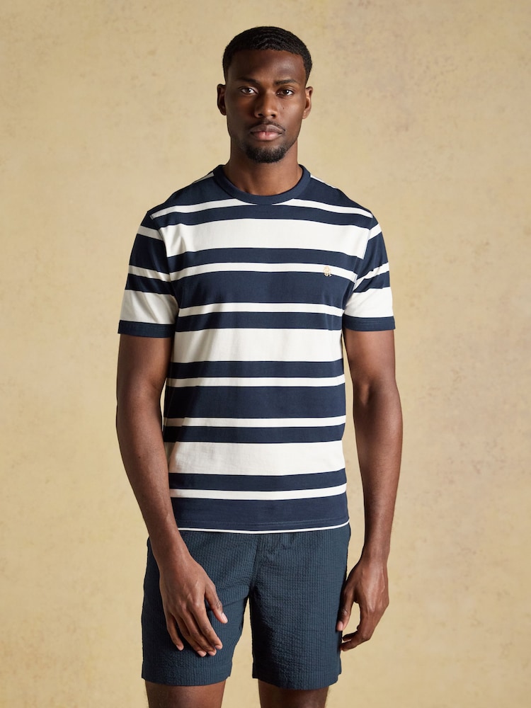 Joules Rugby Club Navy & White Striped Crew Neck Cotton T-Shirt - Image 1 of 7 Joules Rugby Club Navy & White Striped Crew Neck Cotton T-Shirt - Image 1 of 7
