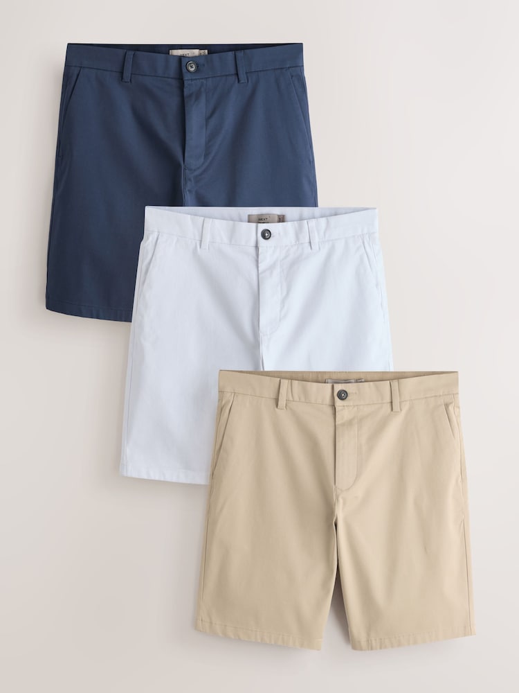 Ink Blue/Stone/White Straight Fit Stretch Chino Shorts 3 Pack - Image 1 of 15