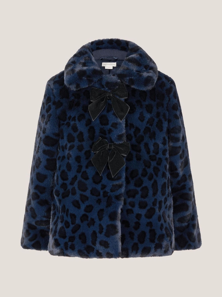 Monsoon Blue Animal Print Faux Fur Bow Coat - Image 2 of 3 Monsoon Blue Animal Print Faux Fur Bow Coat - Image 2 of 3