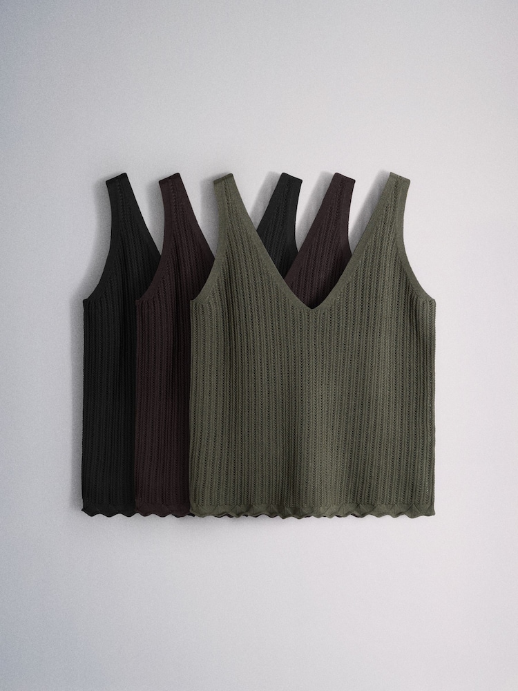 The Set 3 Pack Knitted V-Neck Strappy Vests Black/Chocolate Brown/Khaki Green - Image 2 of 6 The Set 3 Pack Knitted V-Neck Strappy Vests Black/Chocolate Brown/Khaki Green - Image 2 of 6
