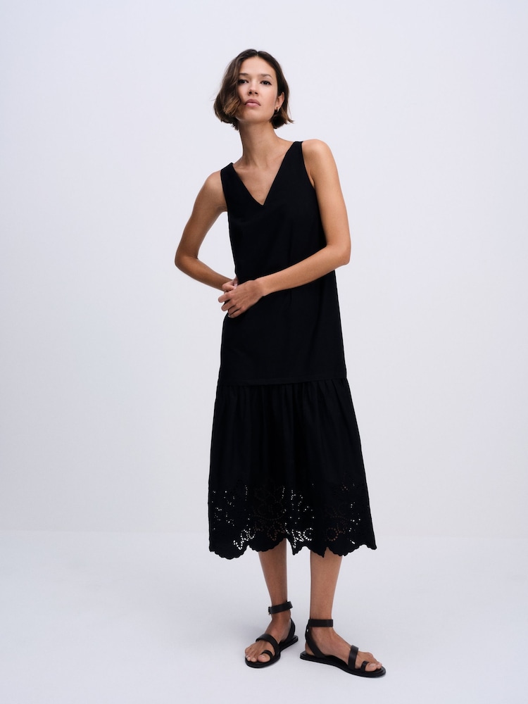 The Set Cotton Broderie Midi Dress Black - Image 1 of 8 The Set Cotton Broderie Midi Dress Black - Image 1 of 8