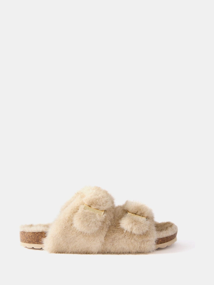 Mint Velvet Natural Two Strap Faux Fur Slippers - Image 1 of 3 Mint Velvet Natural Two Strap Faux Fur Slippers - Image 1 of 3