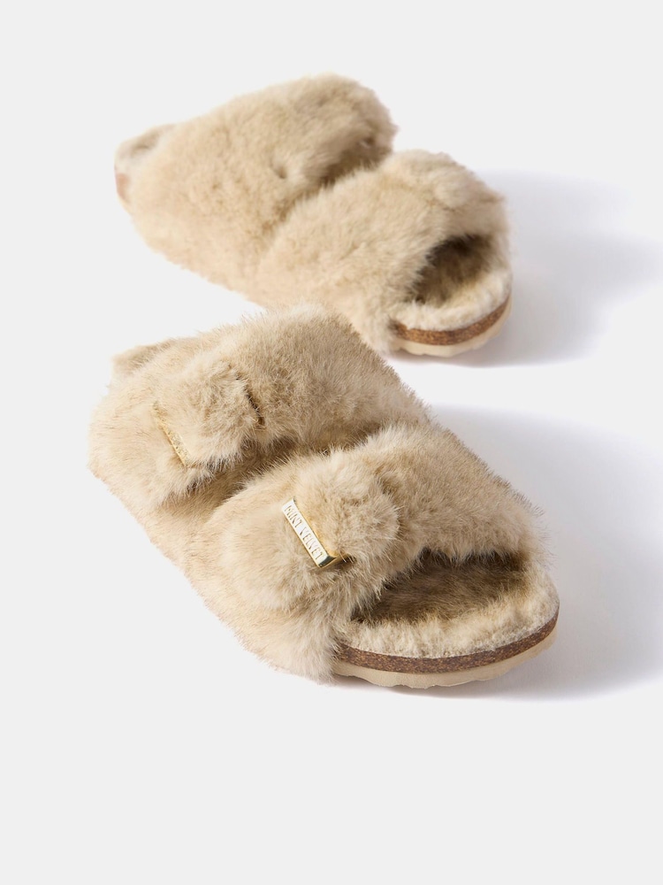 Mint Velvet Natural Two Strap Faux Fur Slippers - Image 2 of 3 Mint Velvet Natural Two Strap Faux Fur Slippers - Image 2 of 3