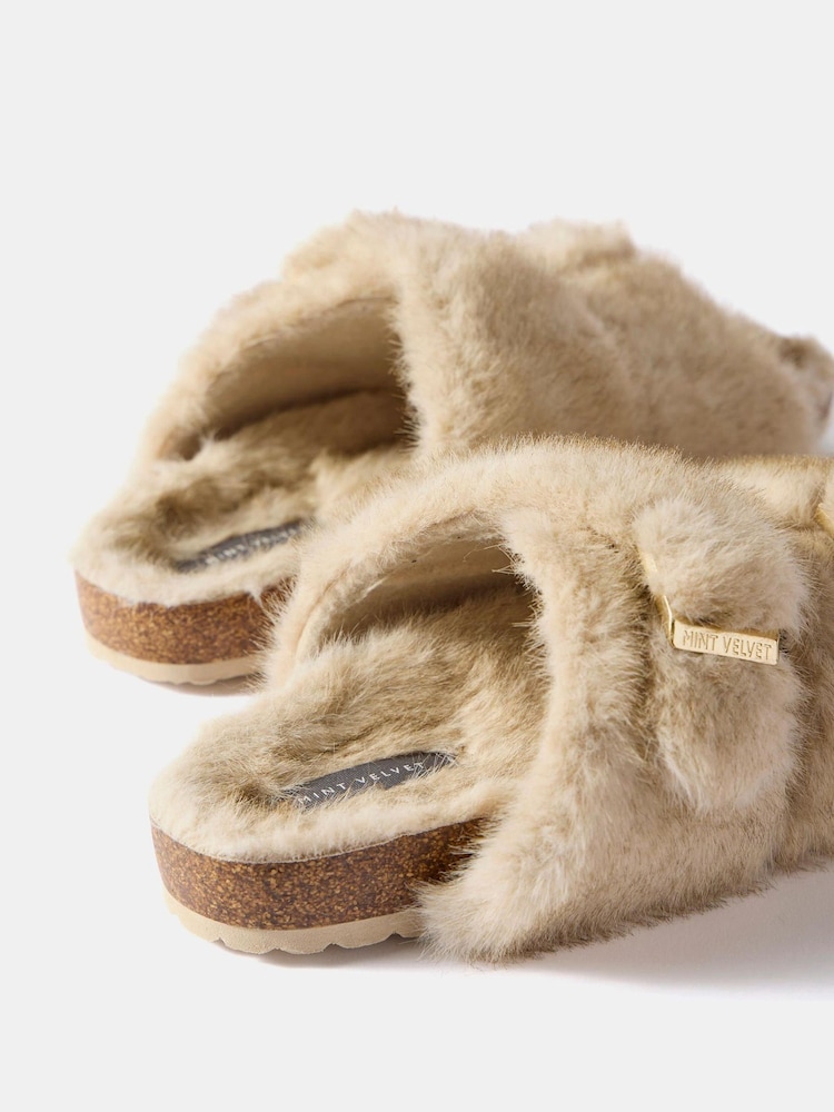 Mint Velvet Natural Two Strap Faux Fur Slippers - Image 3 of 3 Mint Velvet Natural Two Strap Faux Fur Slippers - Image 3 of 3