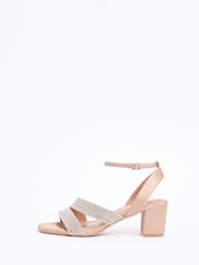 Lipsy Nude Wide Fit Diamante Embellished Aysmmetric Strap Mid Block Heel Occasion Sandals - Image 5 of 5