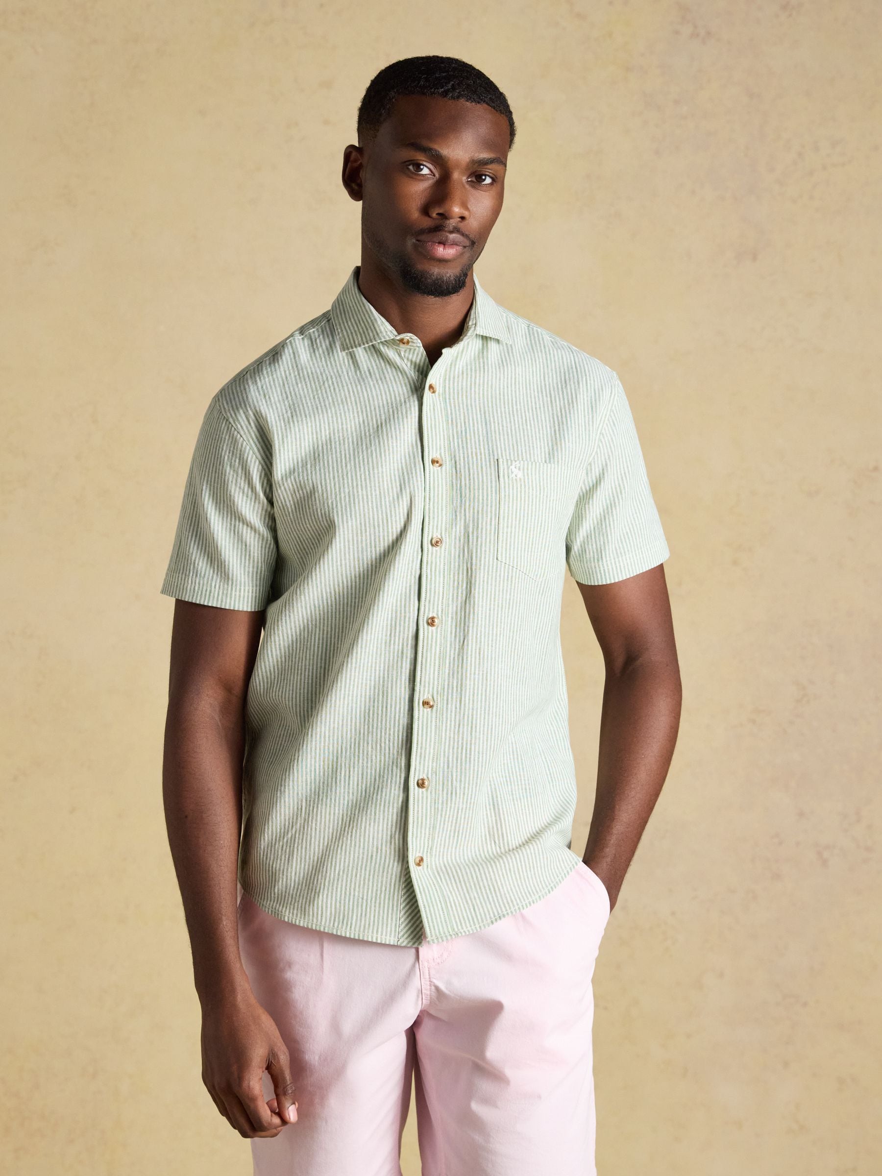 Joules Men's Linen Blend Short Sleeve Shirt Green & White Striped 3XL