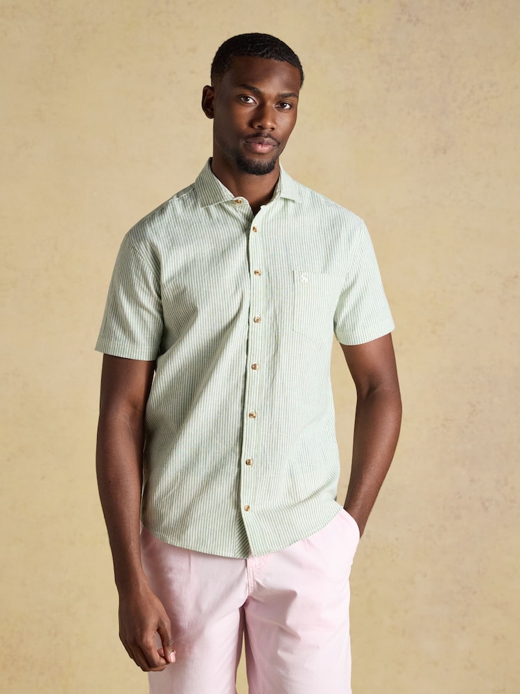 Joules Green & White Striped Linen Blend Short Sleeve Shirt - Image 1 of 8
