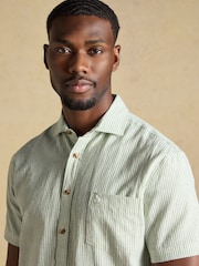 Joules Green & White Striped Linen Blend Short Sleeve Shirt - Image 4 of 8