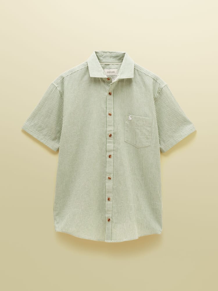 Joules Green & White Striped Linen Blend Short Sleeve Shirt - Image 8 of 8