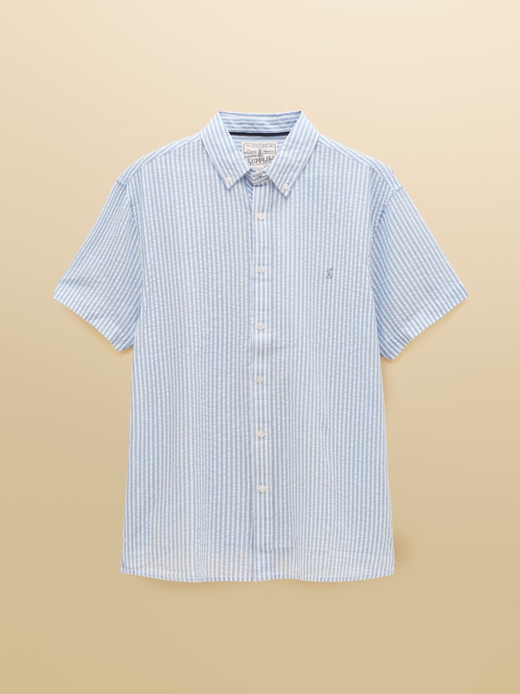 Joules Seersucker Blue/White Short Sleeve Classic Fit Cotton Shirt - Image 7 of 7