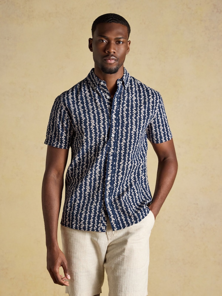 Joules Seersucker Navy Short Sleeve Classic Fit Cotton Shirt - Image 1 of 9