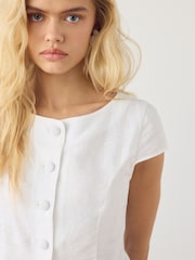 White Linen Blend Structured Short Sleeve Top - Image 4 of 7