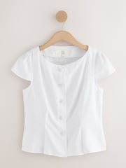 White Linen Blend Structured Short Sleeve Top - Image 5 of 7