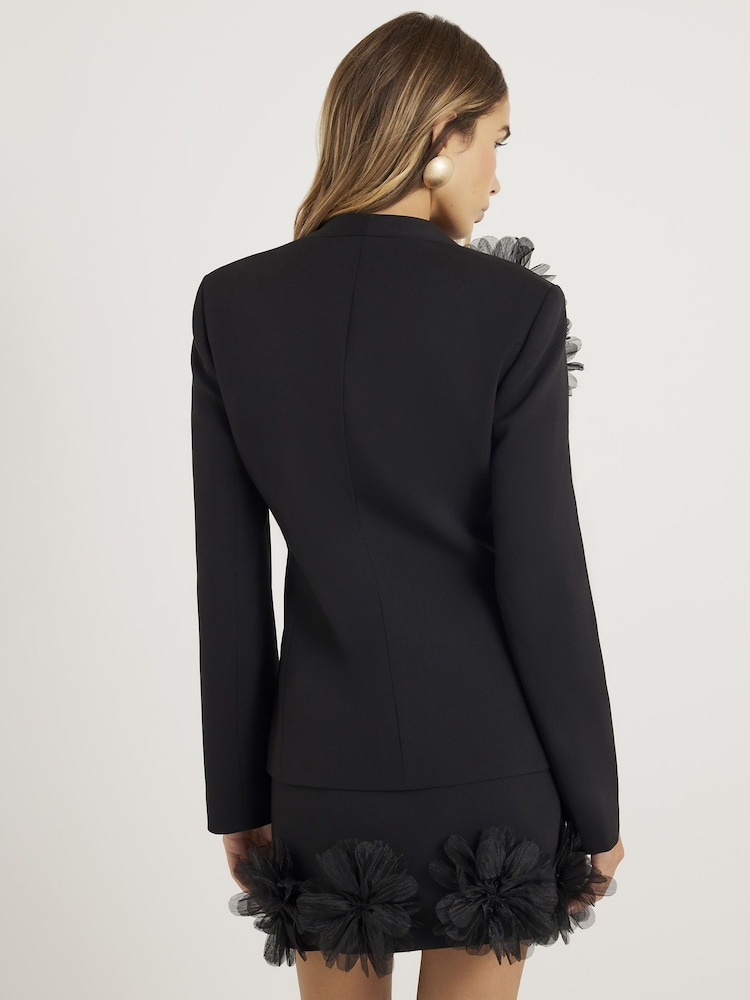 River Island Black 3D Flower Collarless Blazer - Image 4 of 4 River Island Black 3D Flower Collarless Blazer - Image 4 of 4